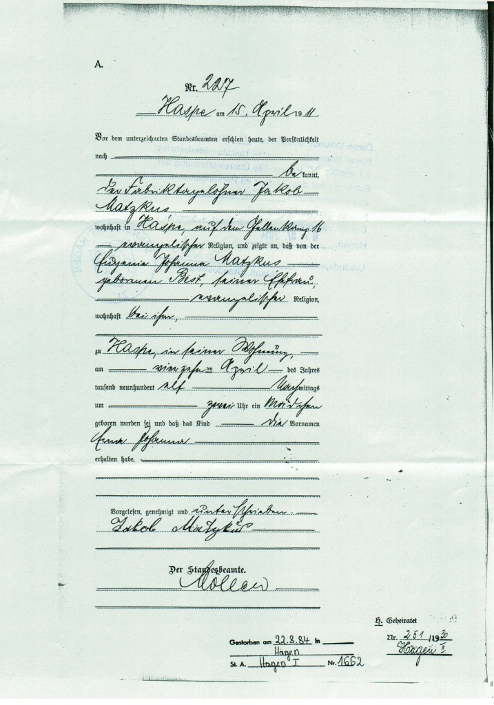 "Oma Erna" - Erna-Johanna_Matzkus_Geburtsurkunde