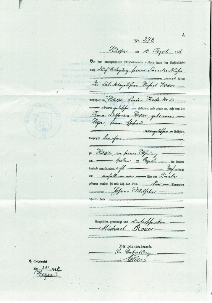 "Hans" Johann-Wilhelm_Roxer_Geburtsurkunde